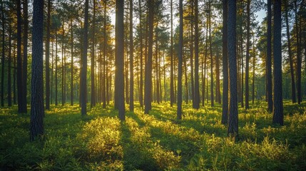 Poster - Sunlight filtering through tall trees in a serene forest landscape.