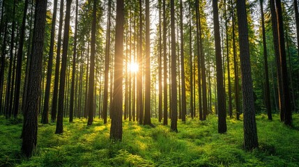 Poster - Sunlight filters through tall trees in a serene forest, showcasing nature's beauty.