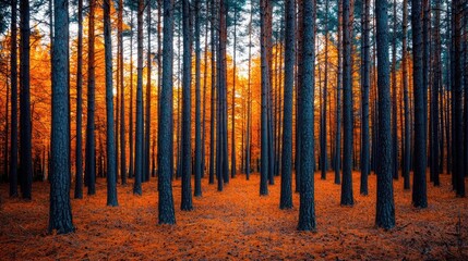 Poster - A serene forest scene showcasing tall trees and vibrant autumn foliage under a clear sky.