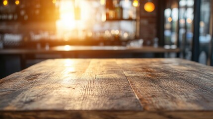 Wall Mural - Sunlight casts a warm glow on the wooden bar counter, creating a cozy atmosphere in the bustling cafe at dusk