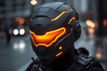 Wall Mural - A futuristic helmet with glowing orange accents, set against an urban backdrop.