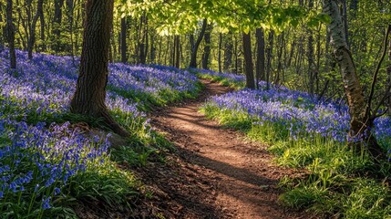 Poster - A serene forest path surrounded by blooming bluebells and sunlight filtering through trees.