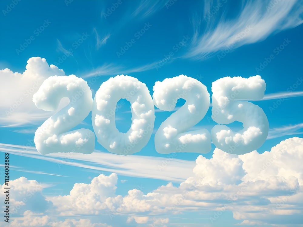 The letters 2025 are made of clouds and have a clear sky background ...
