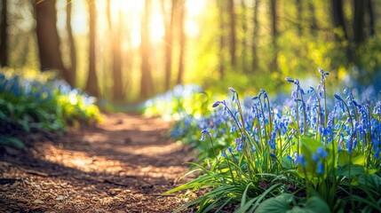 Poster - A serene pathway surrounded by vibrant bluebells in a sunlit forest.
