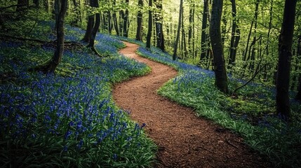 Poster - Serene winding path through a vibrant green forest with blooming blue flowers.