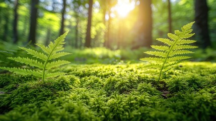 Poster - Vibrant ferns growing in a sunlit forest, showcasing nature's beauty and tranquility.