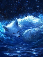 Wall Mural - Serene Arctic Fox Dreaming Amidst Celestial Blue Waters.