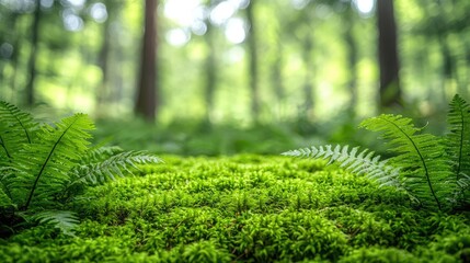 Poster - Lush green ferns growing on a vibrant moss carpet in a serene forest setting.