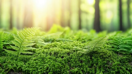 Poster - Lush green ferns and moss basking in soft sunlight in a serene forest setting.