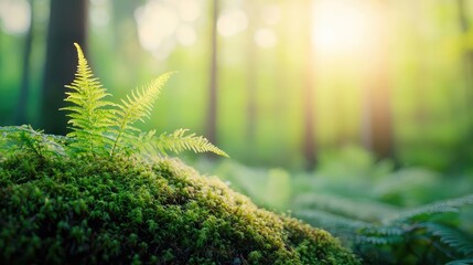 Poster - Close-up of a vibrant fern growing on lush green moss in a serene forest.