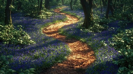 Poster - A serene forest path lined with vibrant blue flowers under soft sunlight.