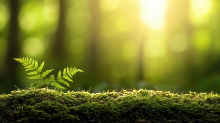 Poster - A lush green fern grows on vibrant moss, illuminated by soft natural sunlight.