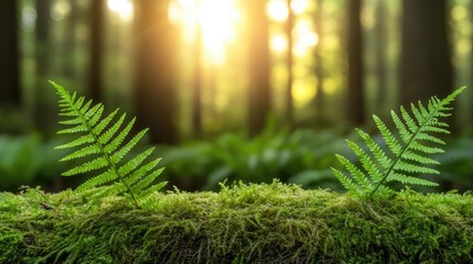 Poster - Lush green ferns in a serene forest setting with soft sunlight filtering through trees.
