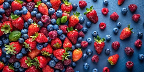 Wall Mural - A vibrant mix of fresh strawberries, blueberries, and raspberries scattered on a dark blue background.