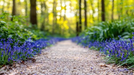 Poster - A serene forest path lined with vibrant blue flowers and lush green foliage.
