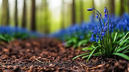 Poster - A serene bluebell carpet covering a tranquil forest path, surrounded by lush greenery.