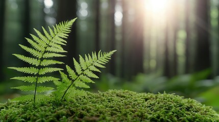 Poster - Vibrant ferns thriving on moss in a sunlit forest, showcasing nature's serene beauty.