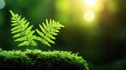 Poster - Vibrant green ferns on lush moss, illuminated by soft natural light.