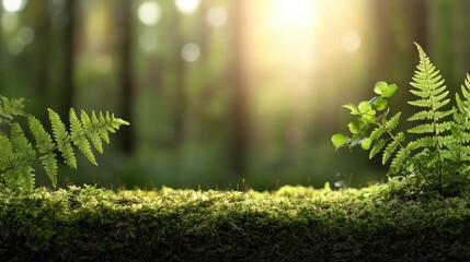 Poster - A serene forest scene with ferns and soft light filtering through trees, showcasing nature.