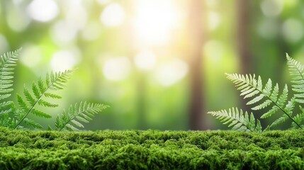 Poster - Lush green ferns bathed in soft sunlight, creating a serene forest ambiance.