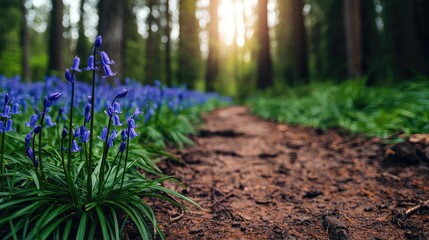 Poster - A tranquil forest path lined with vibrant bluebells and sunlight filtering through trees.