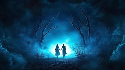 Wall Mural - enigmatic figures exploring a mystical blue forest