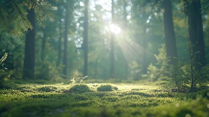 Canvas Print - A serene forest scene with sunlight filtering through lush green trees, showcasing nature's beauty.