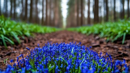 Wall Mural - A vibrant display of blue flowers flourishing in a serene forest path.