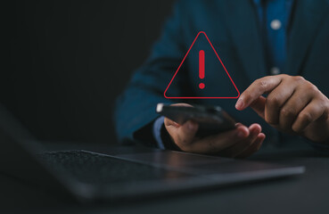 Poster - Error 404 alerts on a laptop, caution of spam in website digital technology. Concept of warning symbol or attack cyber, security notification. Danger from network mistake, Warn failure of the computer