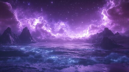 Wall Mural - Intricate purple and blue cosmos with floating rocks and nebula.