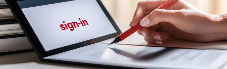 Poster - A hand using a red pen on a tablet to sign in, indicating digital interaction.