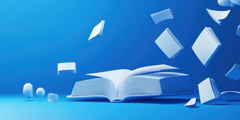 Aufkleber - An open book with floating pages against a blue background, symbolizing knowledge and creativity.