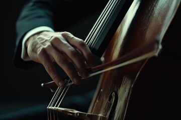 Poster - A close-up of a hand playing a cello, highlighting the instrument's craftsmanship and artistry.