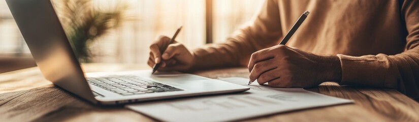 Poster - A person working on a laptop while taking notes on paper, reflecting productivity and focus.