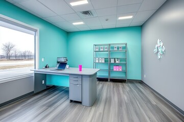 Aufkleber - Modern office space featuring a desk, shelving, and vibrant teal walls.