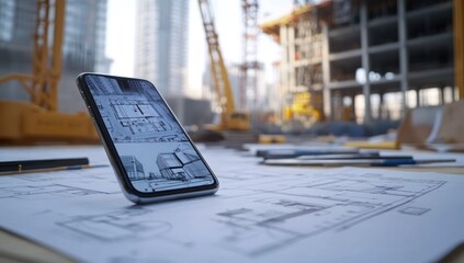 Aufkleber - A smartphone displays blueprints on a construction site with plans and tools around.