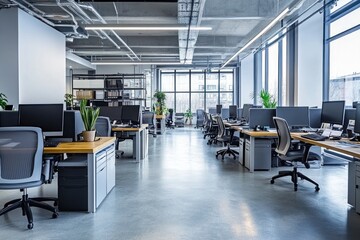 Aufkleber - Modern office interior with workstations and plants, designed for productivity and collaboration.