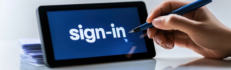 Leinwandbilder - A hand using a pen to sign in on a digital tablet displaying the word 