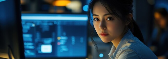 Aufkleber - A focused individual working at a computer in a dimly lit environment.
