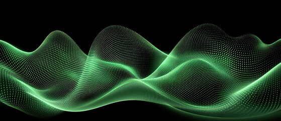 Fototapete - Abstract green wave pattern with a digital, flowing design on a black background.