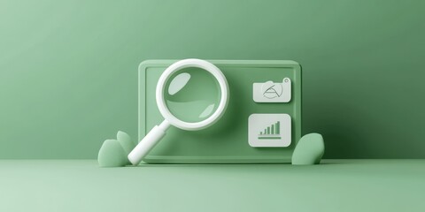Aufkleber - A minimalist design featuring a magnifying glass and icons on a green background.