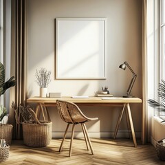 Poster - A minimalist workspace featuring a wooden desk, chair, and decorative plants in a bright room.