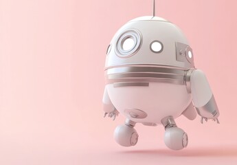 Fototapete - A futuristic robot with a round body and limbs, suspended against a pink background.