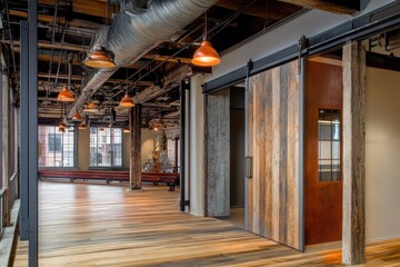 Aufkleber - Modern office interior with wooden accents and industrial design.