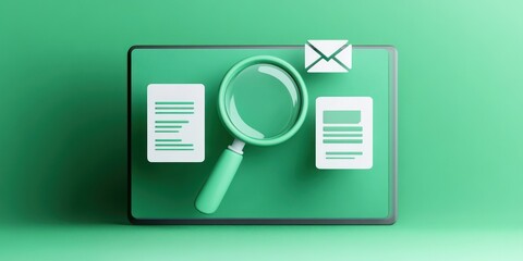 Aufkleber - A digital workspace featuring a magnifying glass, documents, and an email icon on a green background.