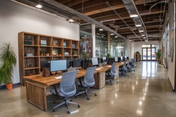 Aufkleber - Modern office space with workstations and shelves, designed for productivity.