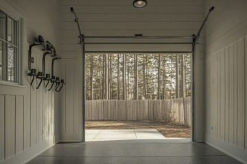 Poster - A spacious garage with an open door revealing a wooded area outside.