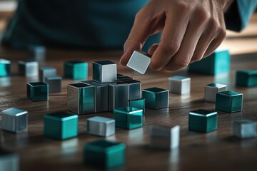 Aufkleber - A hand arranging metallic cubes in a creative, playful manner on a wooden surface.