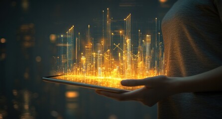 Poster - A person holds a tablet displaying glowing, futuristic cityscape data visualization.