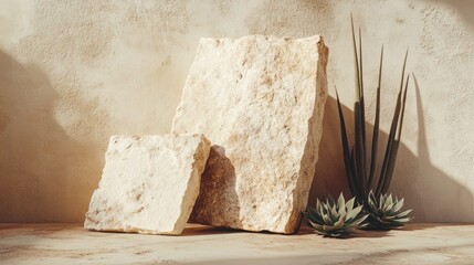 Poster - A minimalist display of textured stones and succulents against a soft background.